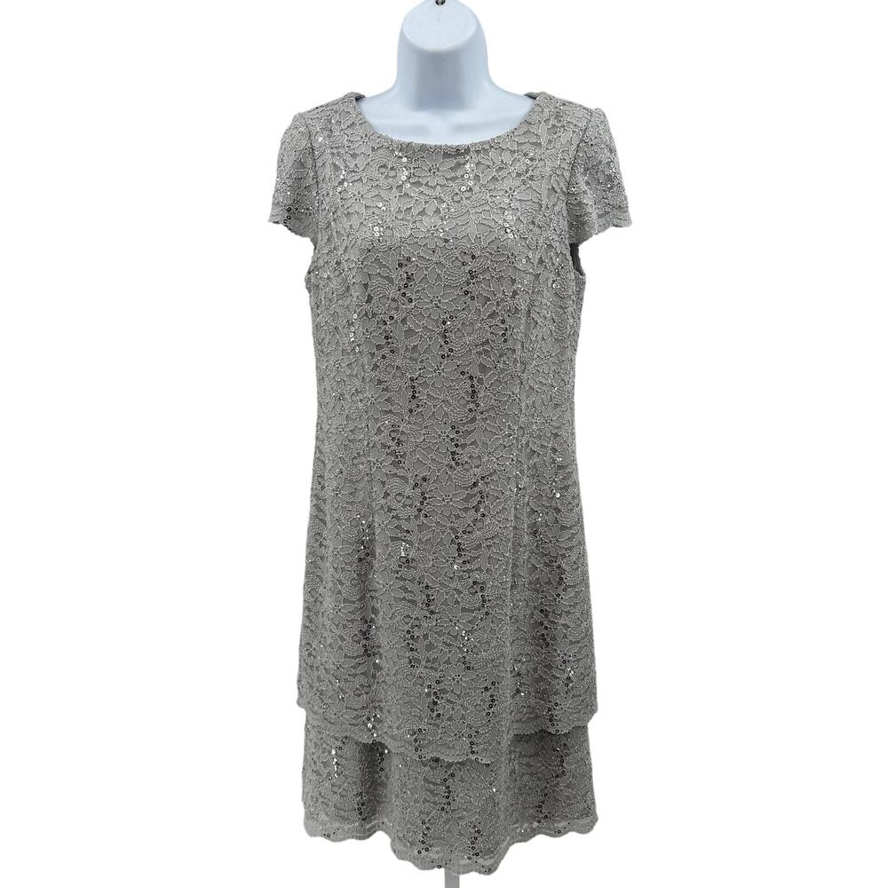 Alex Evenings Dress WMNS 10 Gray Lace Sequin A-Line Tiered Occasionwear Formal